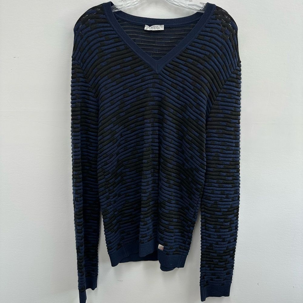 Versace Collection Blue & Black Wool Blend Mesh Knit V-neck Sweater Size M - Picture 3 of 14
